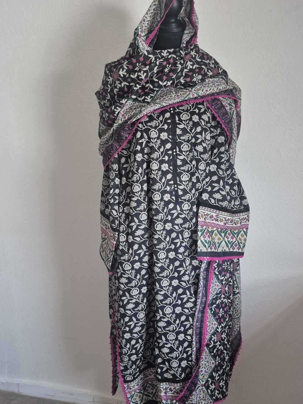Black Floral Long Sleeve Dress with Pink Trim